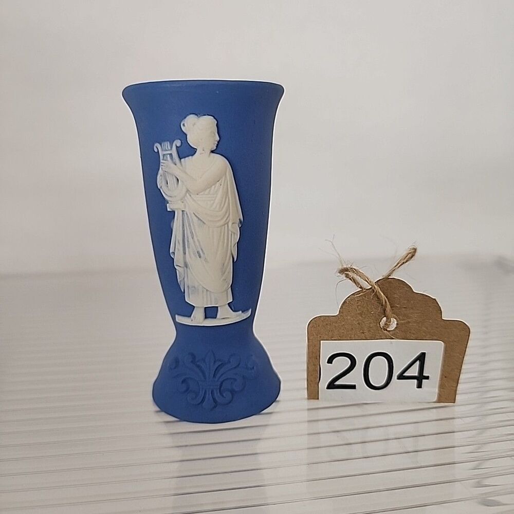 German Jasperware Mini Bud Blue Vase 3.25" Vintage woman holding harp relief